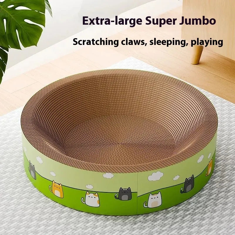 Round deep pit cat scratch board made of corrugated paper in 45cm and 50cm sizes.