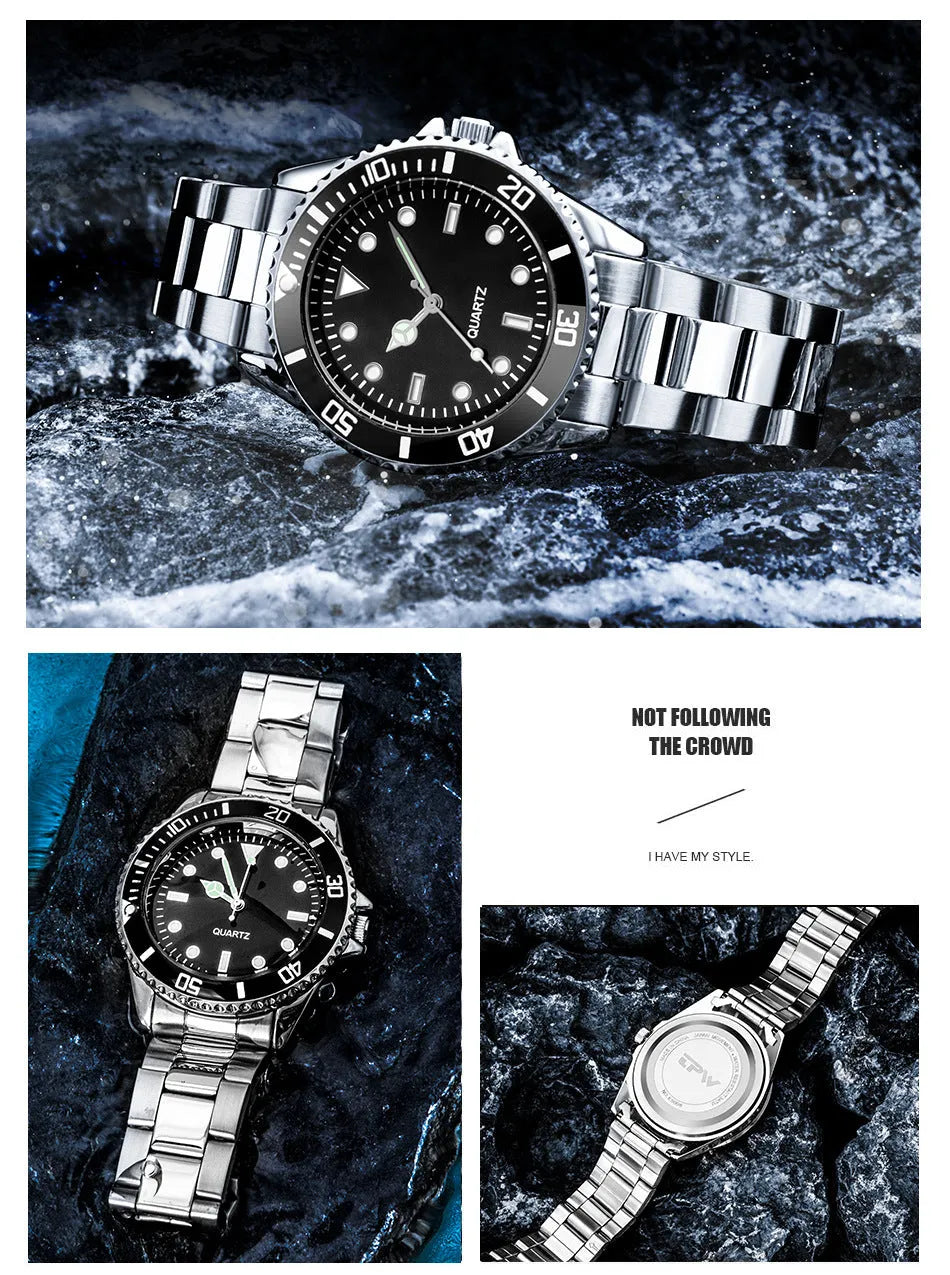 Steel belt black plate universal quartz watch with 40mm dial, 8mm alloy case, night glow hands, and stainless steel horseshoe buckle.