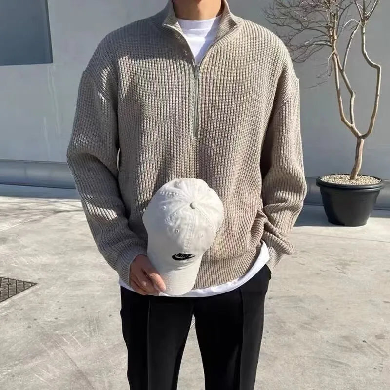 Men's loose fit half zipper sweater pullover in khaki, Hong Kong style