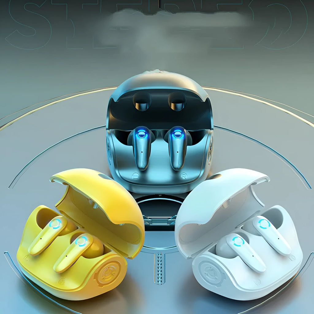 TWS wireless gaming headset with Bluetooth 5.2 in black, white, and yellow colour options