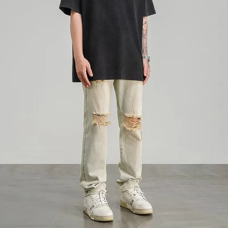 Men's ripped straight-leg wide-leg jeans in yellow mud colour polyester fabric size S to 3XL