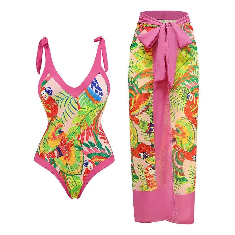Pink floral print retro one-piece swimsuit with V-neck, covered belly, and thin skirt swim dress design