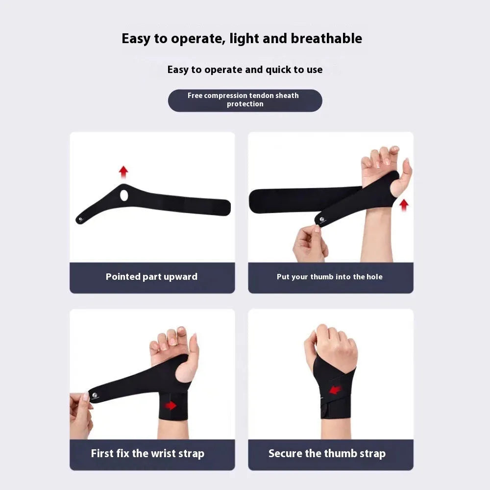 Adjustable black athletic wristguard worn on a wrist during exercise.