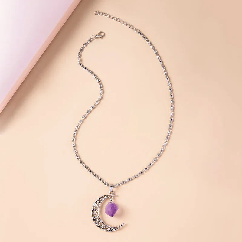 Vintage purple natural stone moon pendant necklace on Figaro chain, silver tone, women's jewellery