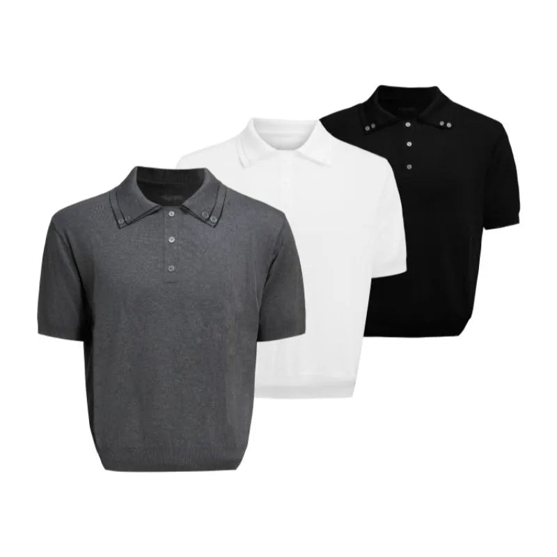 Men's black short-sleeved shirt with a double lapel collar and slim knit design
