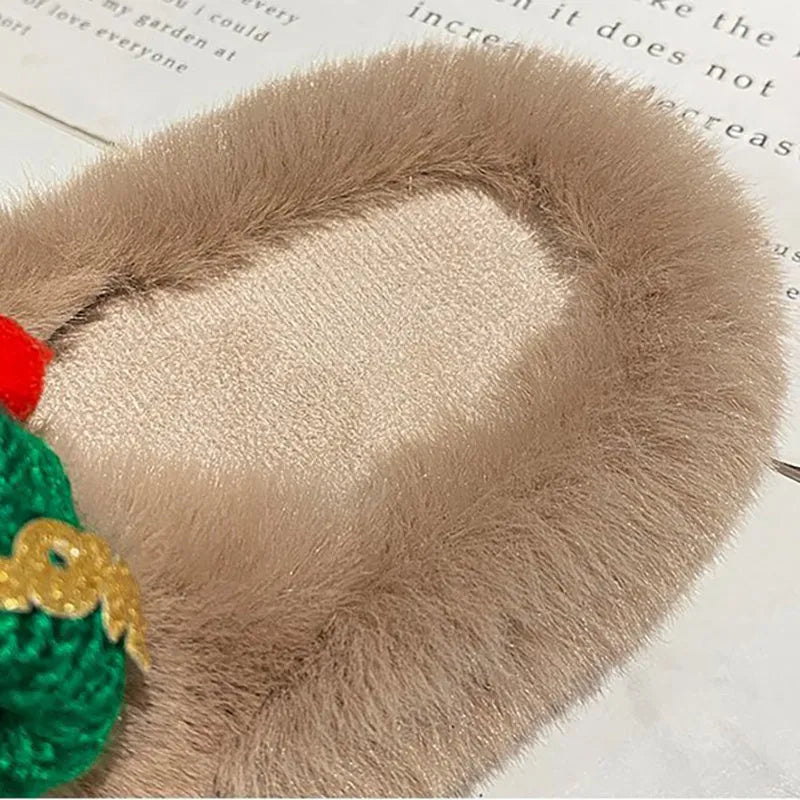 Women's Christmas slippers with faux plush hairy hat decoration, rubber sole, in black, khaki, or white.