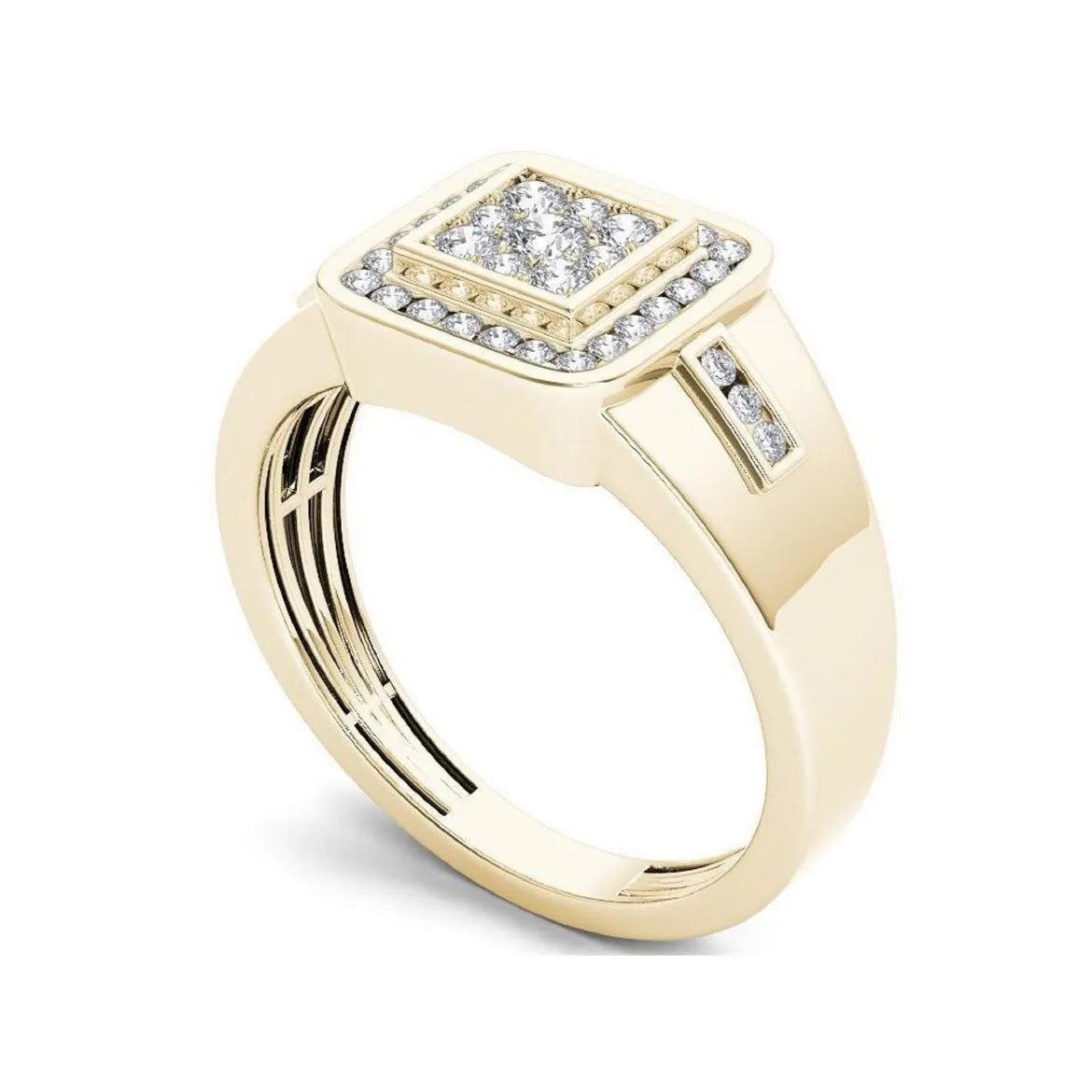 Gold plated men's alloy geometric ring on a light background
