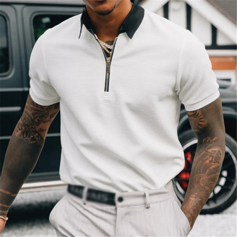 Pure white men's short sleeve polo shirt, loose fit, 100% polyester, sizes XS to 4XL