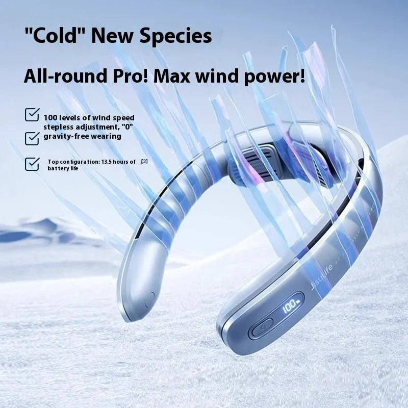 Silver grey no-blade hanging neck portable fan with USB charging