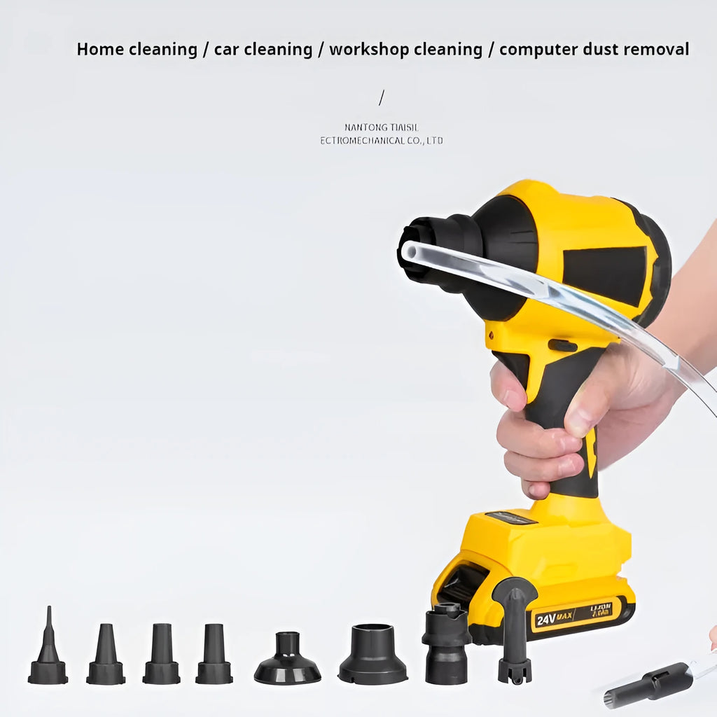 Yellow lithium battery powered dust gun with nozzle for portable cordless cleaning