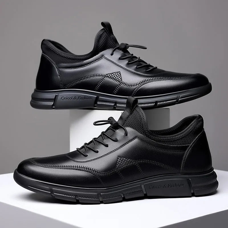 Men's black casual leather business shoes with a round toe and square low heel.