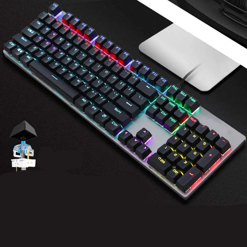AOC GK410 wired mechanical keyboard with metal frame and green switch keys on a desktop.