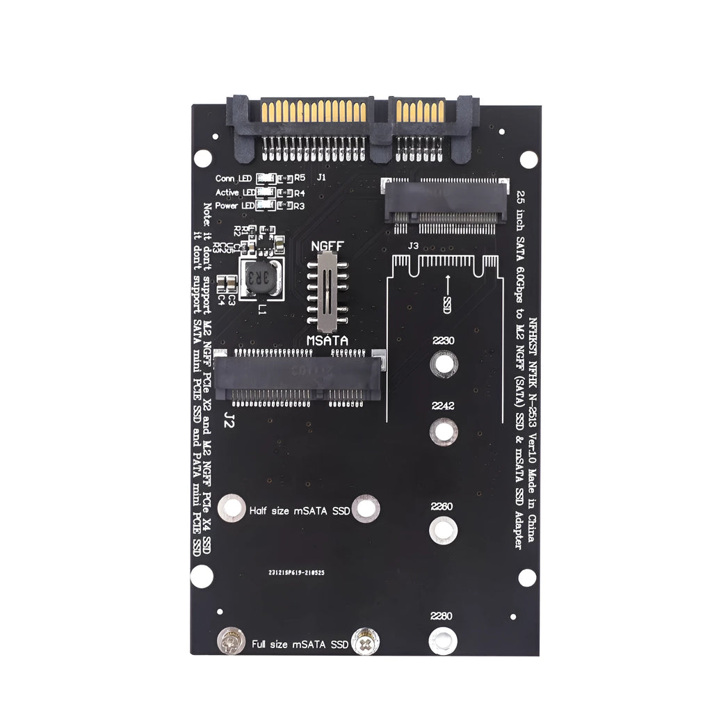 Black and blue SATA3 to M.2 NGFF mSATA SSD adapter conversion card on a static bag.
