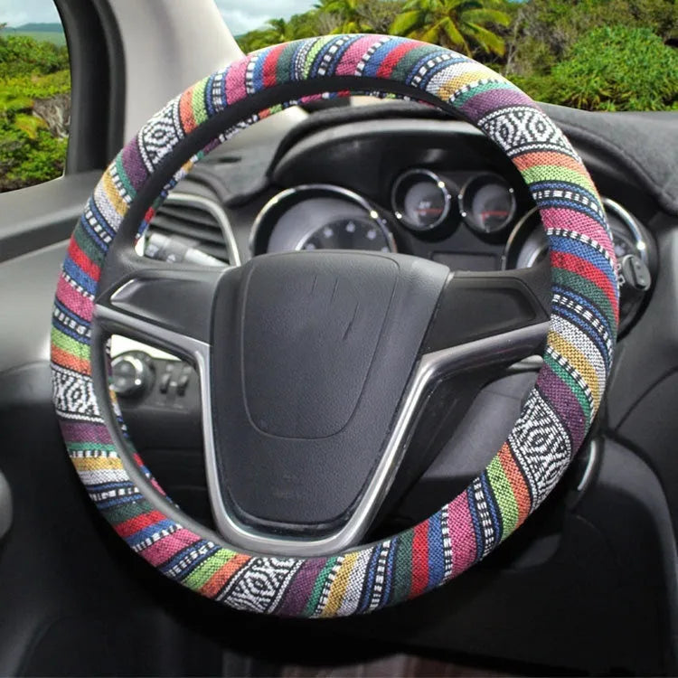 Ethnic style old coarse cloth car steering wheel cover with textured weave, 38cm fit