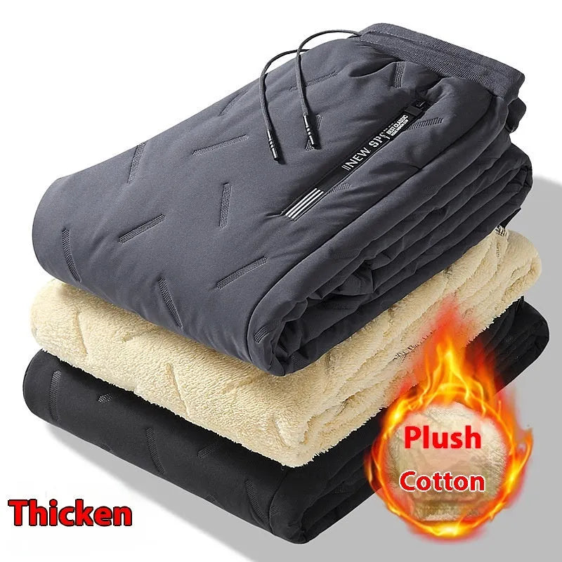Men's black thermal sweatpants with plush fleece lambswool lining, straight leg, sizes L to 7XL