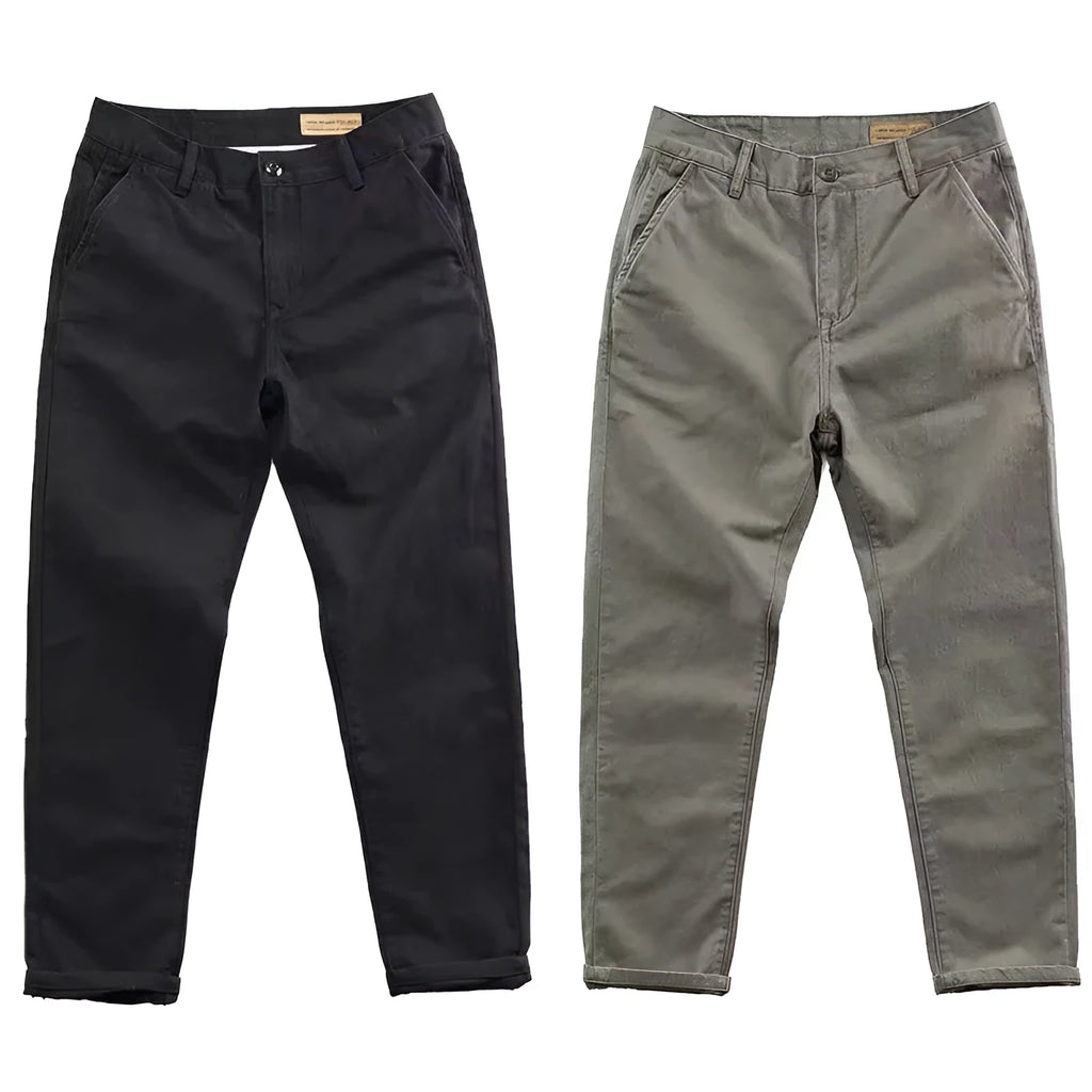 Men's slim fit straight leg trousers in navy blue cotton-polyester blend fabric