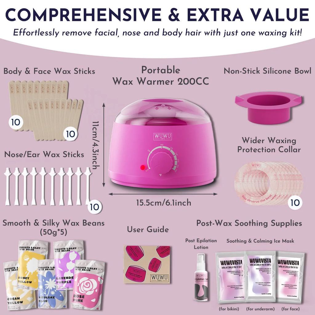 52-piece professional waxing kit with hard wax beans, warmer, and facial body nose hair removal tools