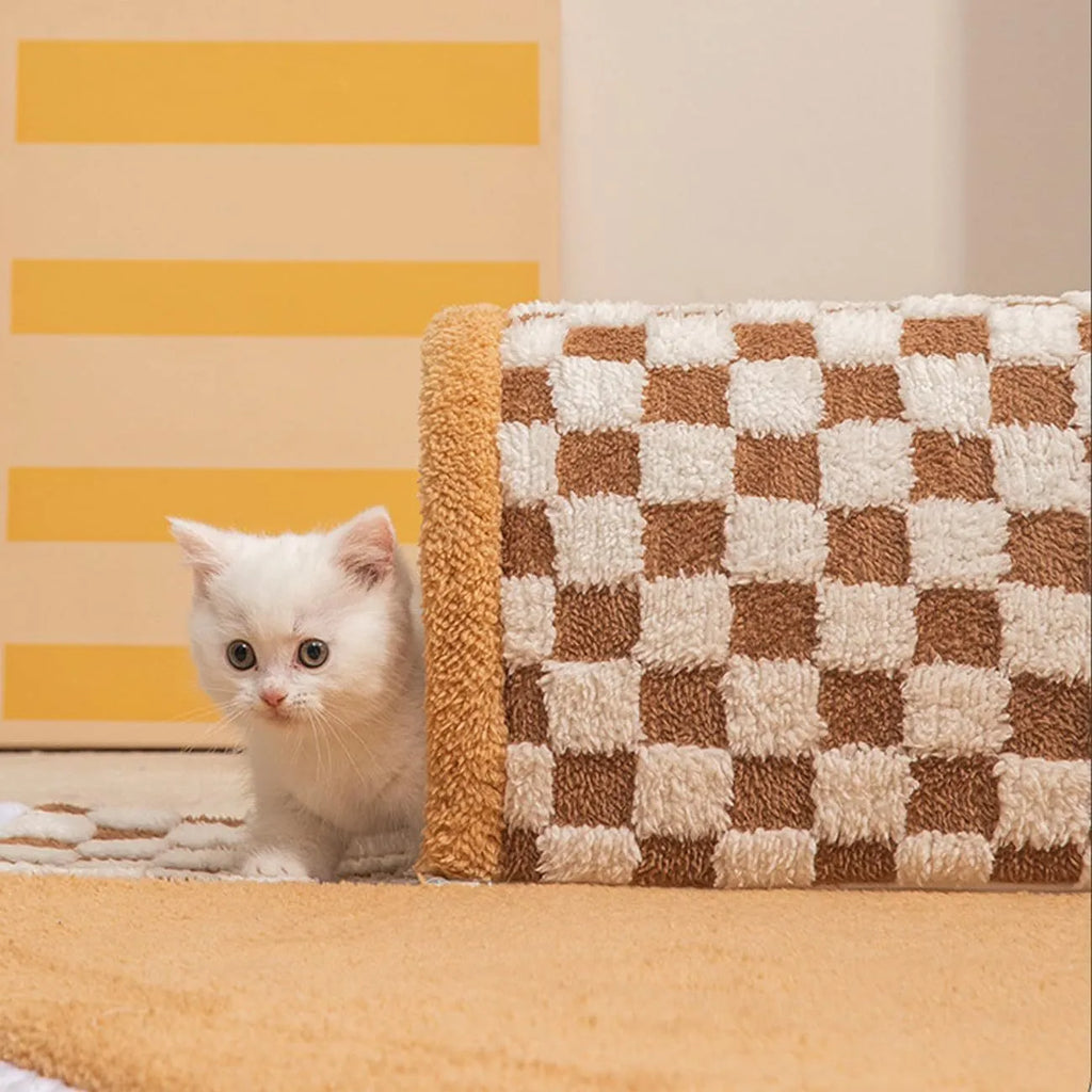 Coffee coloured plush fan-shaped pet bed with integrated tunnel for cats and dogs, showing thick mat and anti-slip base.