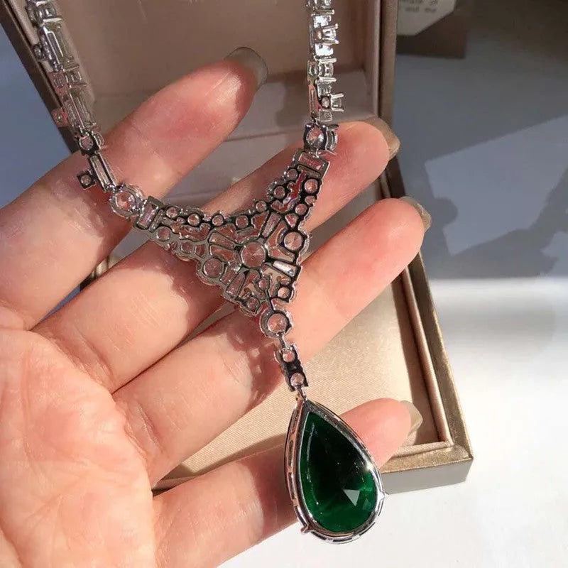 Silver gold-plated moissanite diamond pendant necklace with natural emerald drop shape on 50cm chain