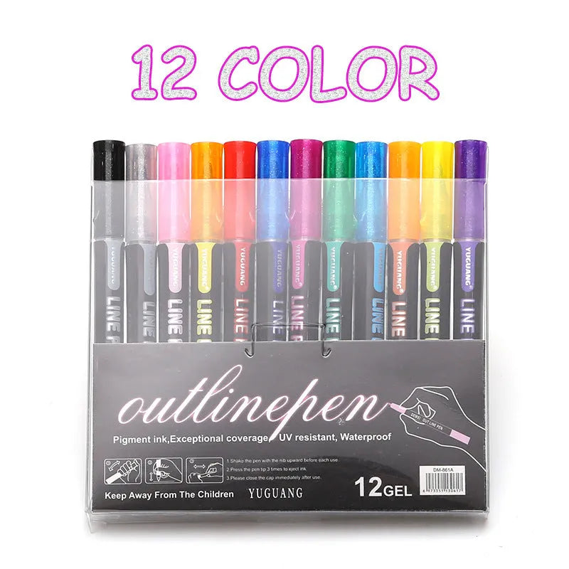 Double line highlighter pen with plastic body in PET gift box showing eight colour ink refill