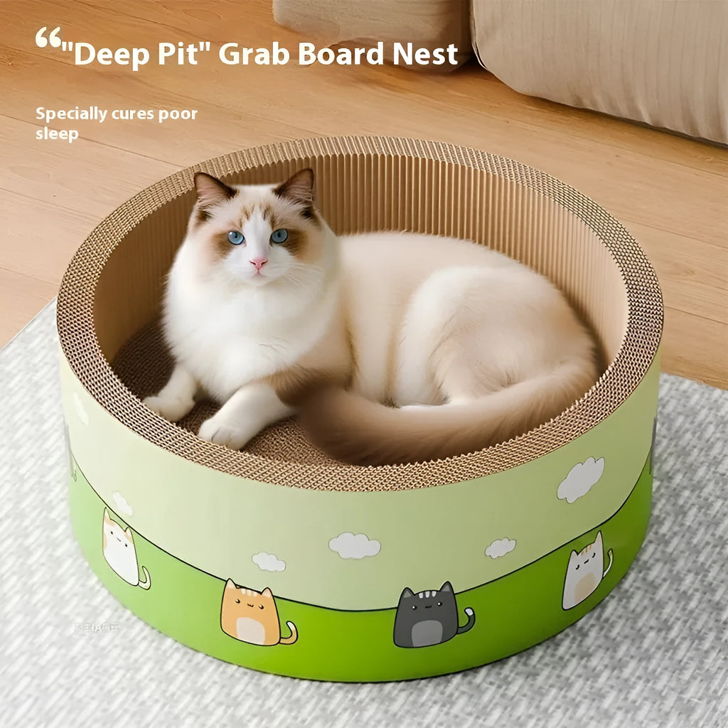 Round deep pit cat scratch board made of corrugated paper in 45cm and 50cm sizes.