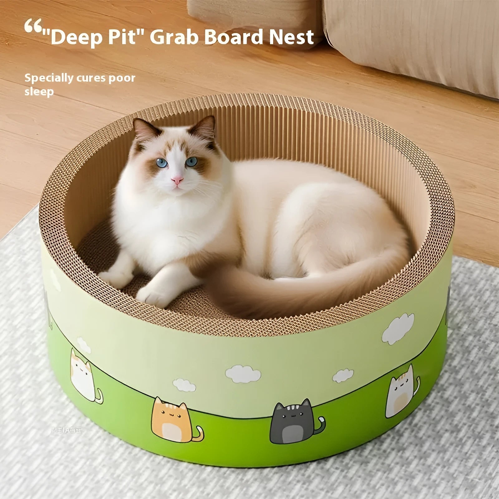 Round deep pit cat scratch board made of corrugated paper in 45cm and 50cm sizes.