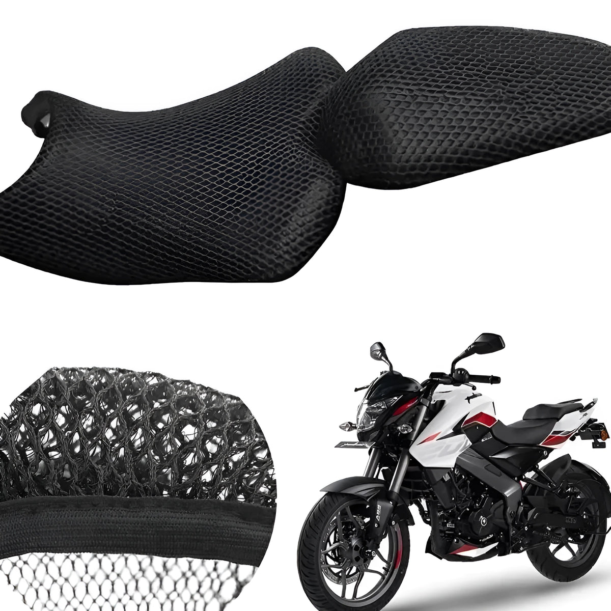 Black nylon mesh seat cover for Italika 280z motorcycle, showing breathable texture and custom fit