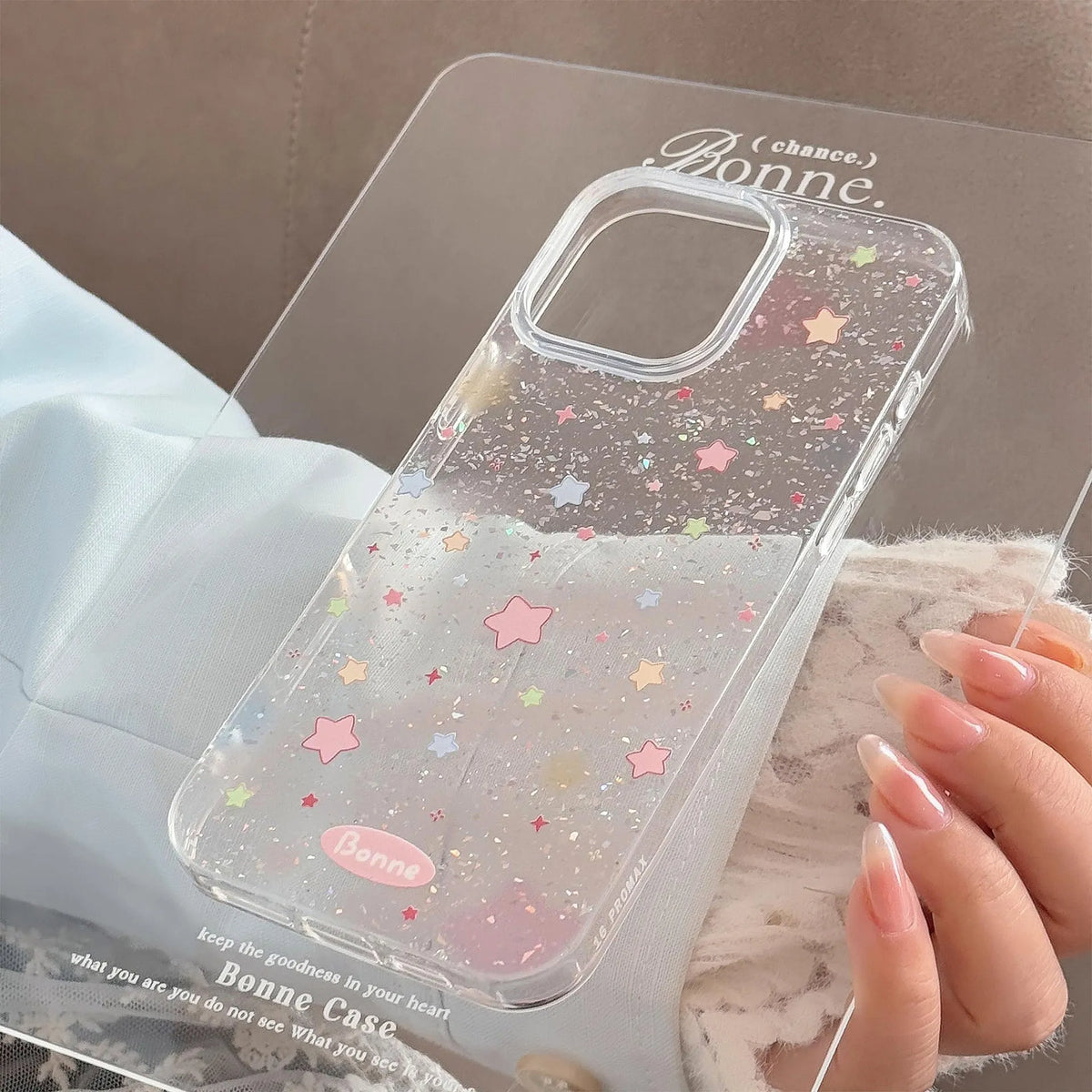 Transparent powder dyed blue phone case with yellow star and smudges design for Apple iPhone