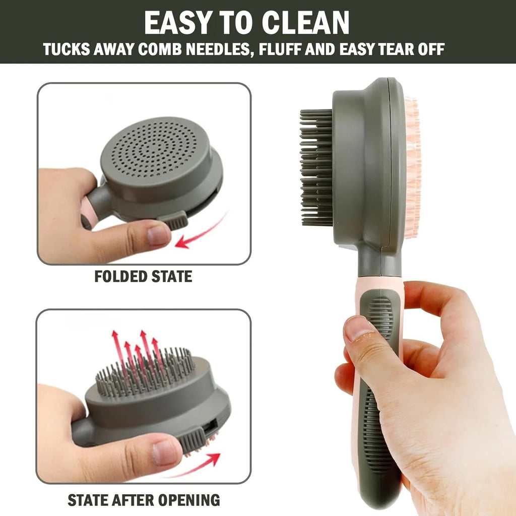 Double-sided cat grooming brush with slicker brush on one side and flea comb on other, showing release button mechanism