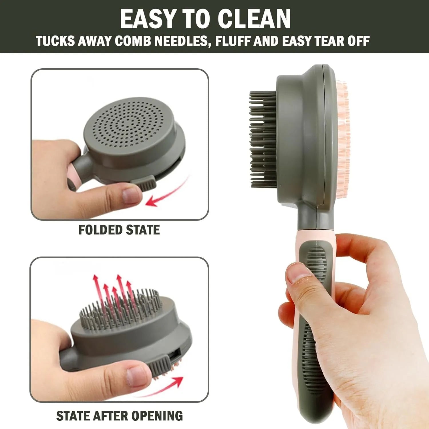 Double-sided cat grooming brush with slicker brush on one side and flea comb on other, showing release button mechanism