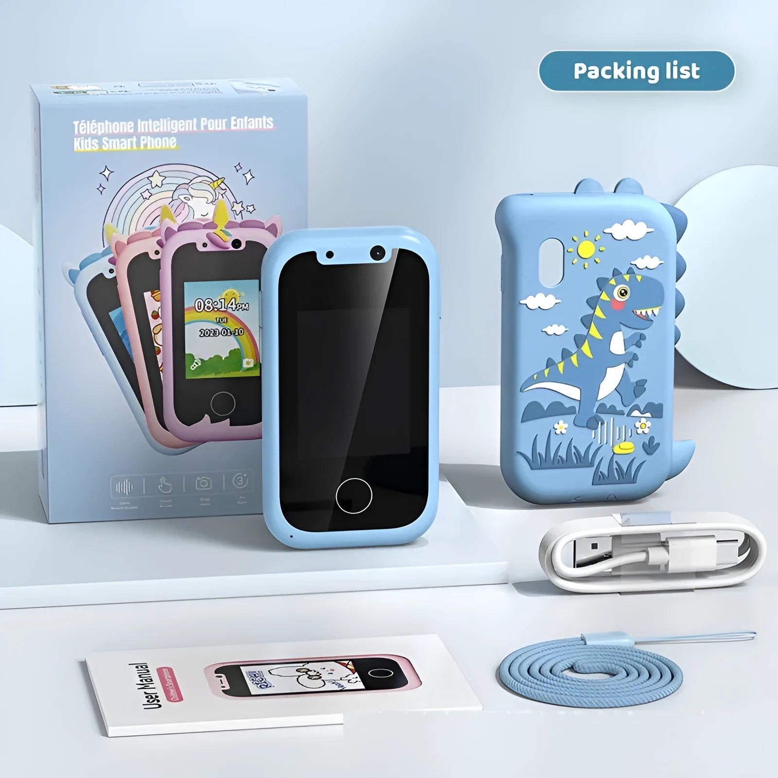 Blue and green bear-shaped handheld touch mobile phone camera toy for children on a white background