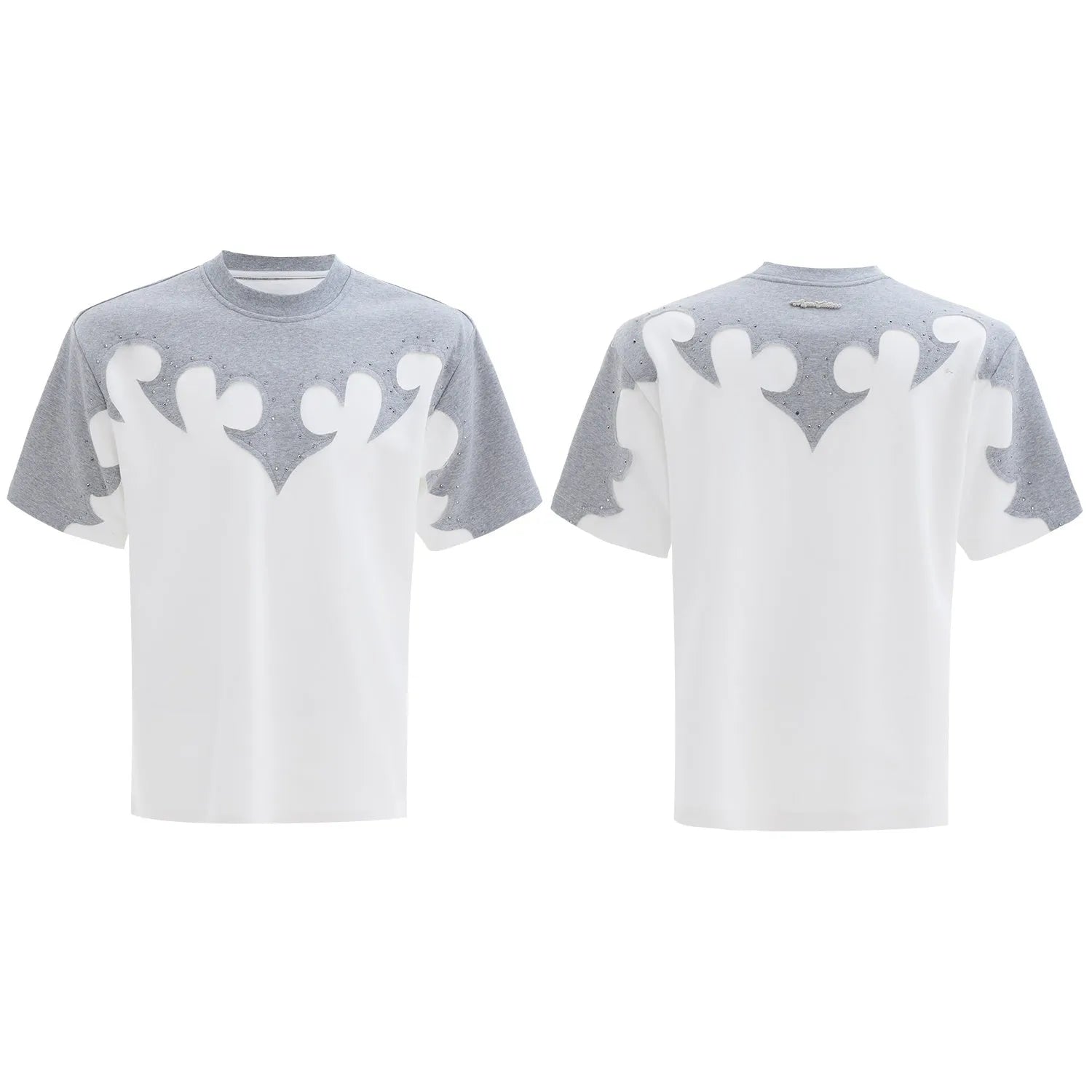 Close-up of a men's grey t-shirt with raised burnt flower embroidery and sparkling rhinestone details on the chest.