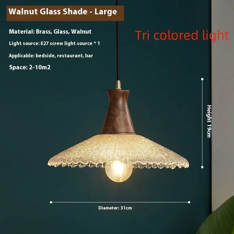 Retro-style wood and glass ceiling chandelier with brass accents in three sizes.