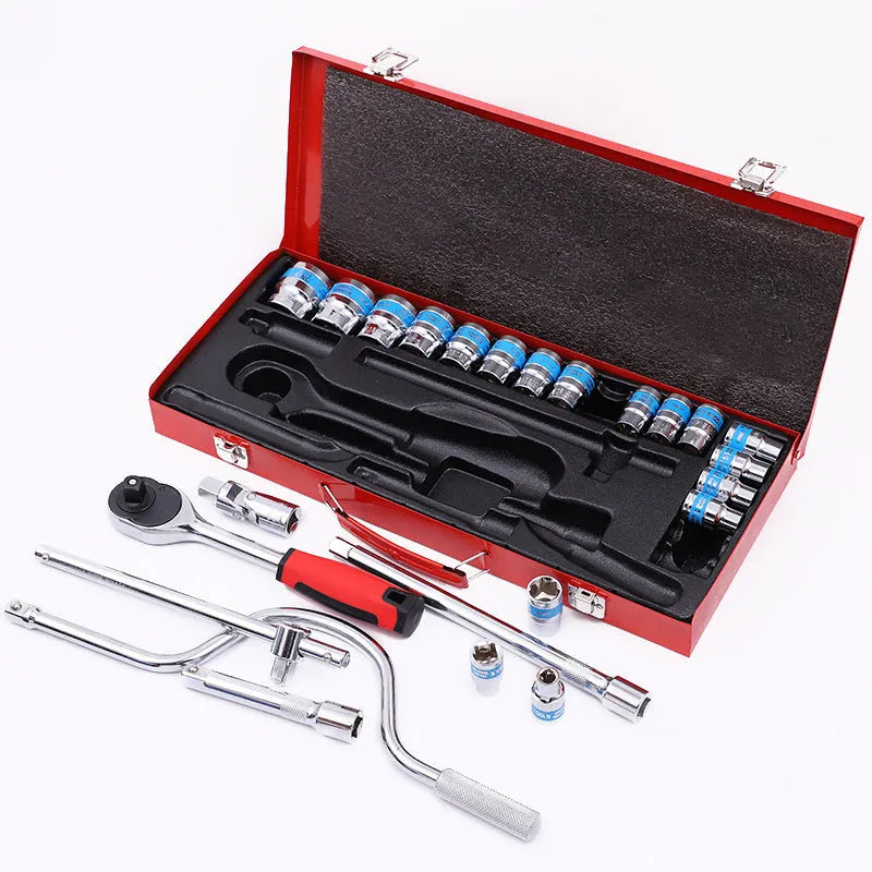 24-piece curved bow car repair wrench set in storage case with chrome vanadium steel sockets