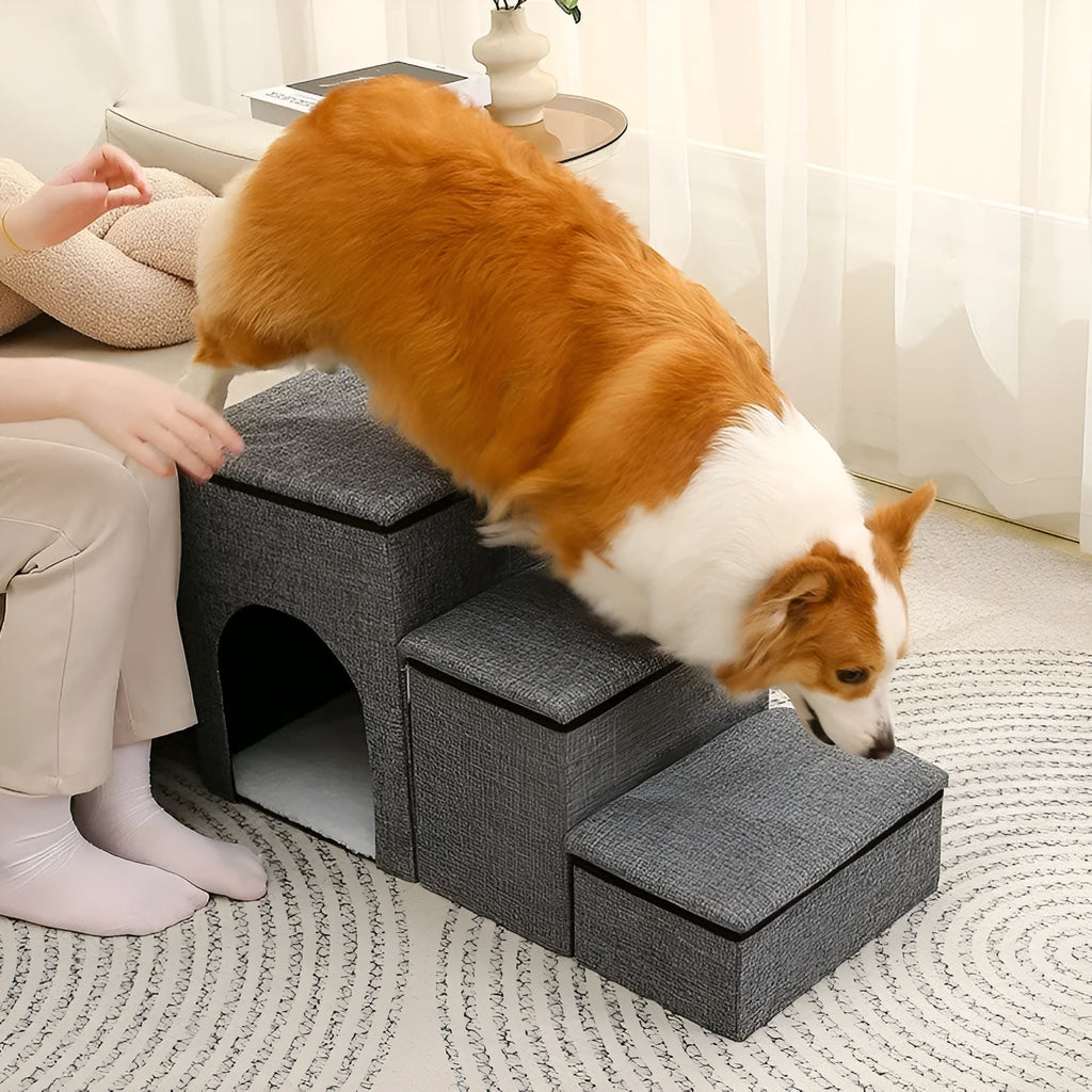 Foldable cloth pet ladder step for dogs and cats, 72 x 33 x 41 cm, in grey, navy blue, or khaki