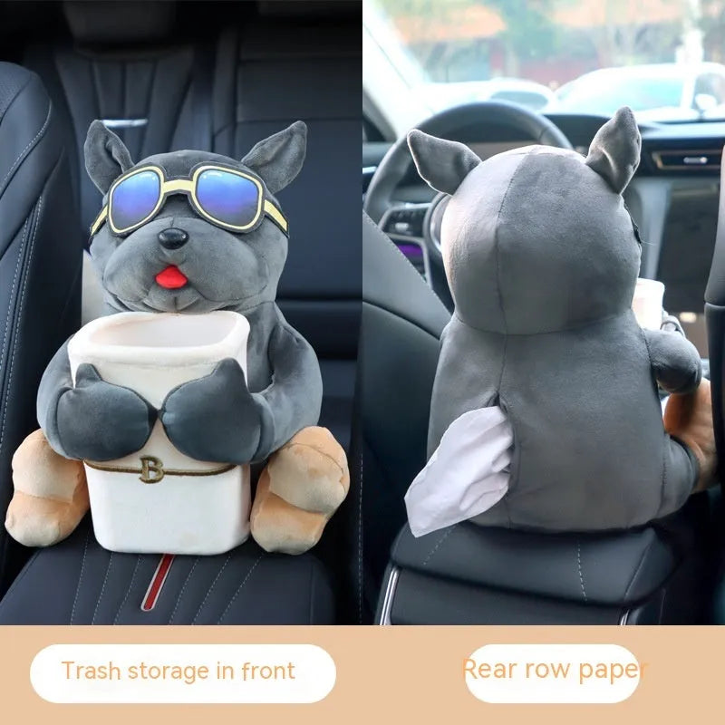 Plush car tissue box hanging from vehicle armrest in character design
