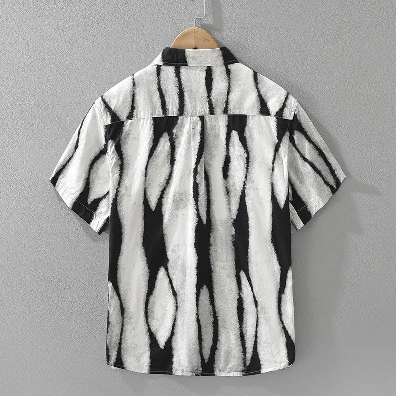 Retro black and brown striped short sleeve cotton shirt with a loose, cardigan-style fit.