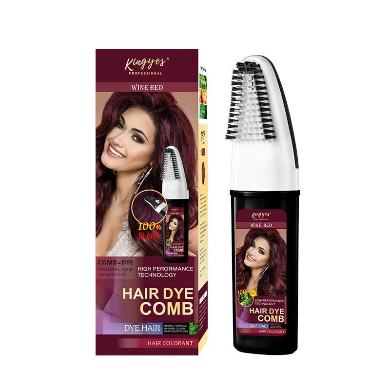Permanent hair dye kit showing 200ML bottle and easy application comb in choice of Brown, Wine Red, or Dark Brown shade.