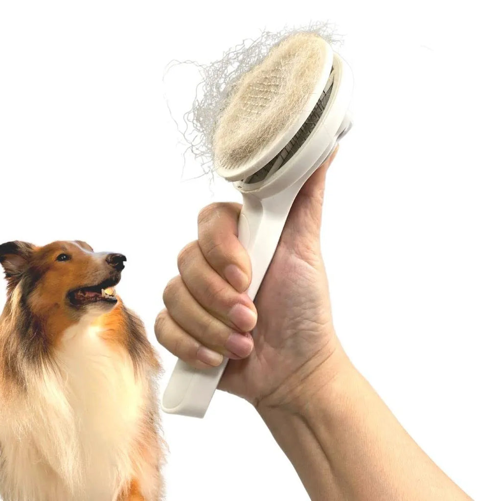 Blue self-cleaning slicker brush for dog and cat grooming with non-slip handle