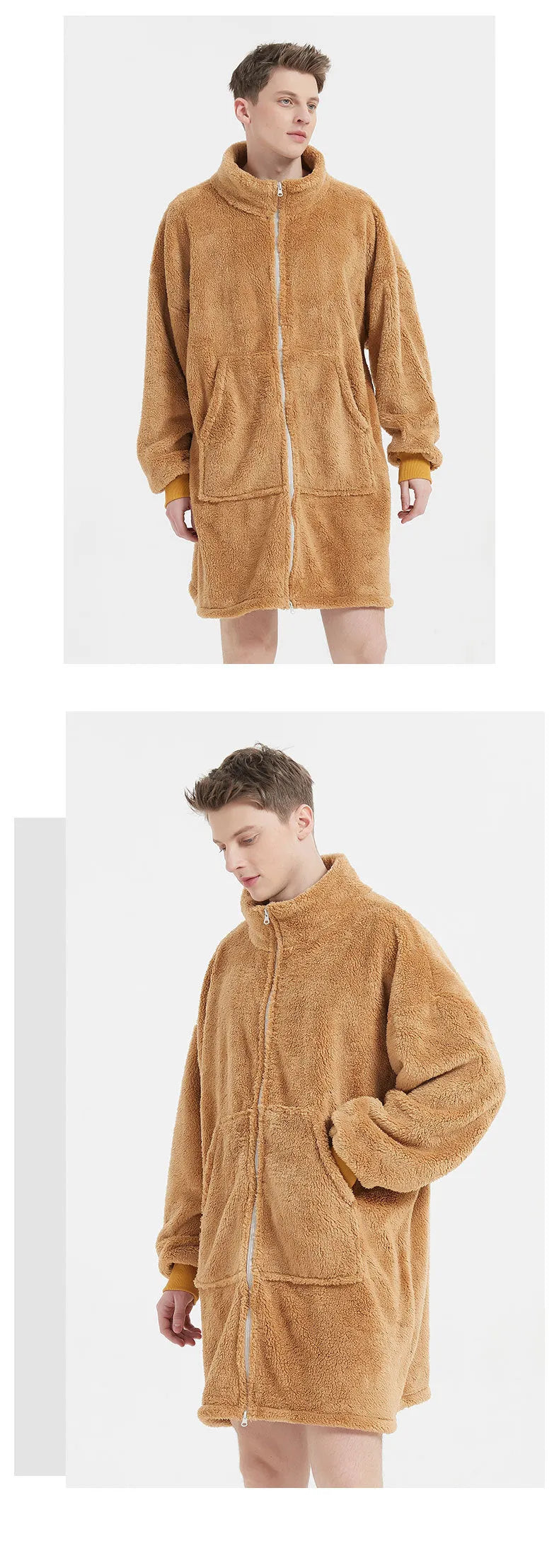 Men's camel polar fleece zipper cardigan nightgown with round neck on a hanger