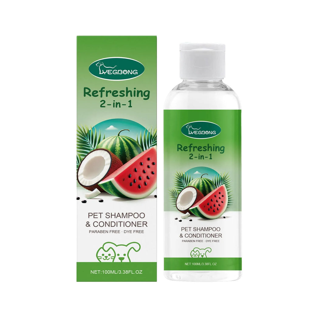 100ml bottle of 2-in-1 pet shampoo and shower gel with coconut extract, measuring 3.8cm wide.