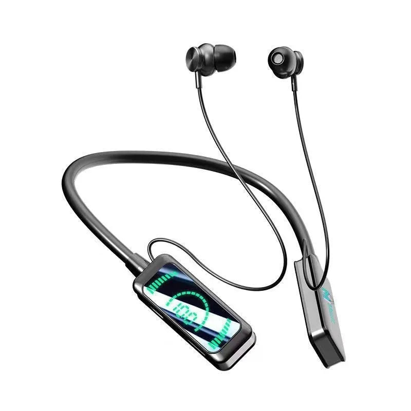 Neck-mounted wireless Bluetooth headset with digital display, in black, skin colour, or orange, PC ABS construction