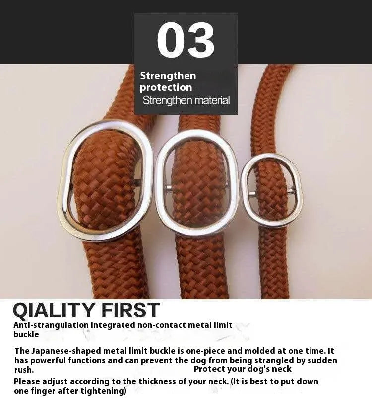 Brown nylon P-chain dog leash with hand holding rope measuring 2.1 metres long