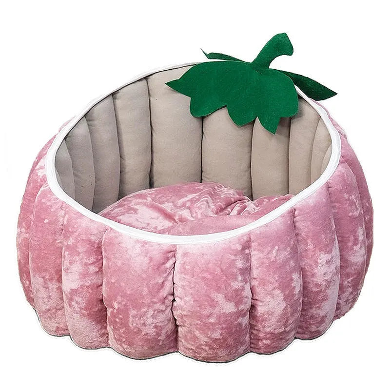 Halloween themed cat bed with cartoon pumpkin and devil design in soft plush fabric