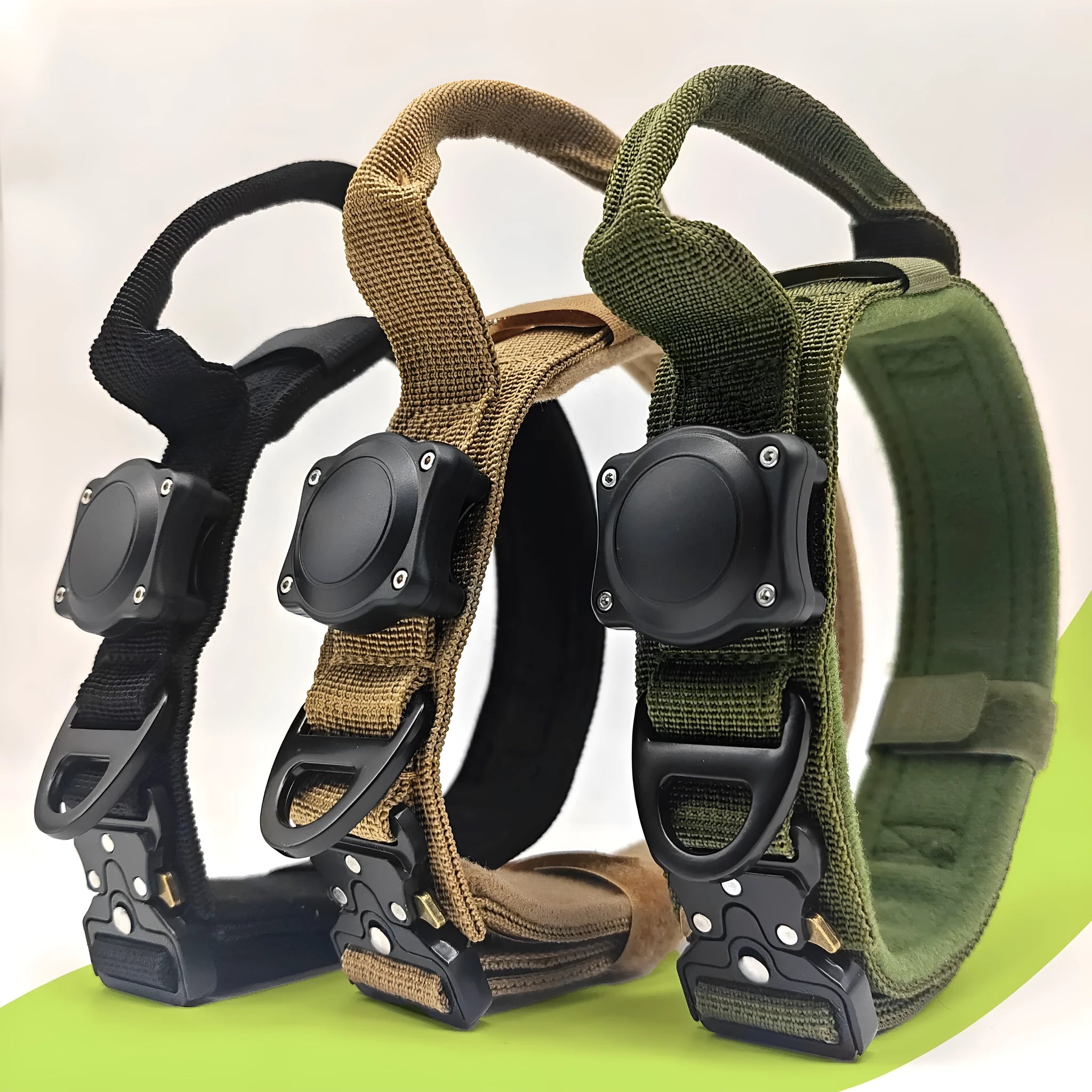 Tactical waterproof dog collar in khaki colour with a metal positioning ring and buckle.