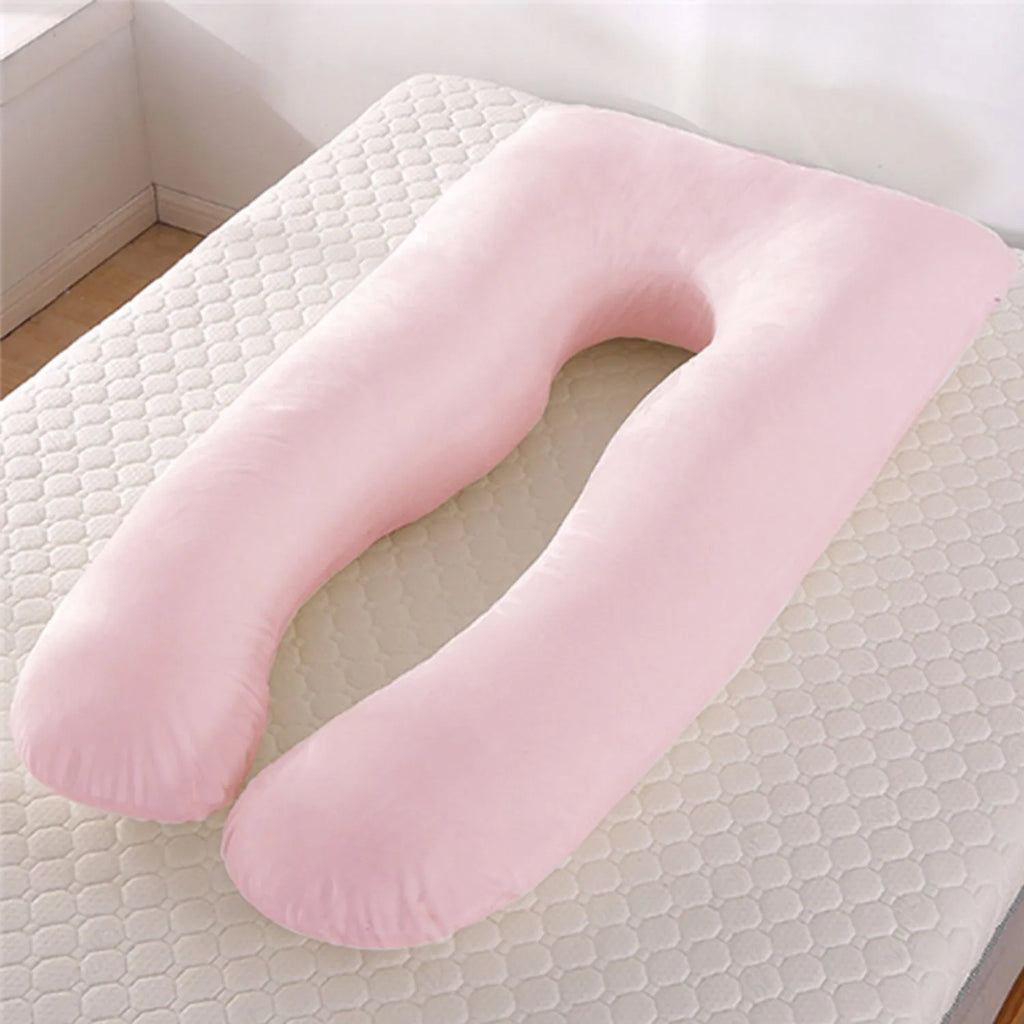 U-shaped pregnancy pillow in ice silk fabric shown in light blue colour, demonstrating its supportive shape.
