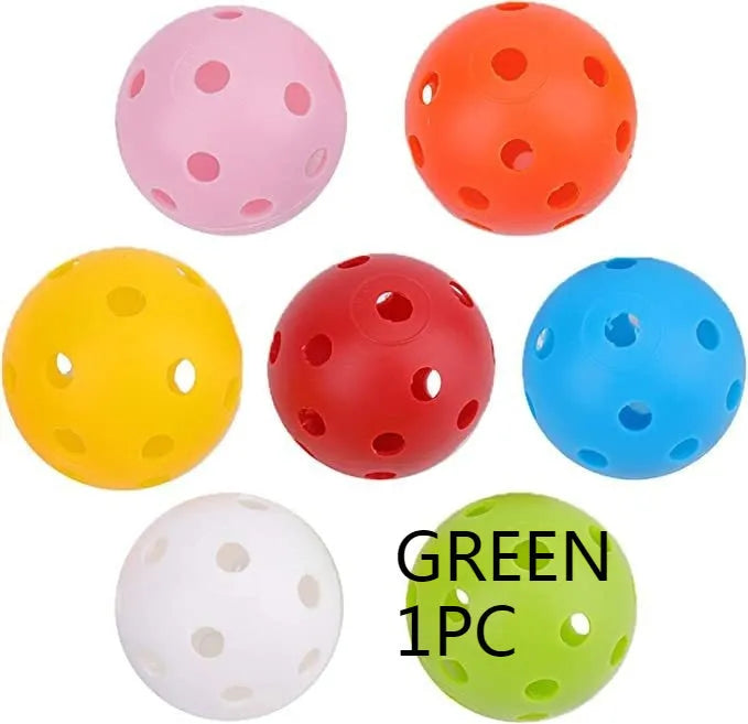 Multi-colour 42mm polyethylene golf practice balls in a net bag.