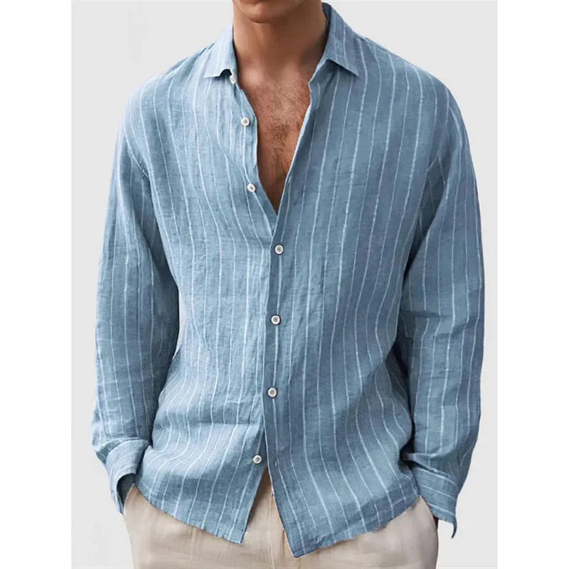 Men's striped polyester cardigan style shirt shown in multiple colour options