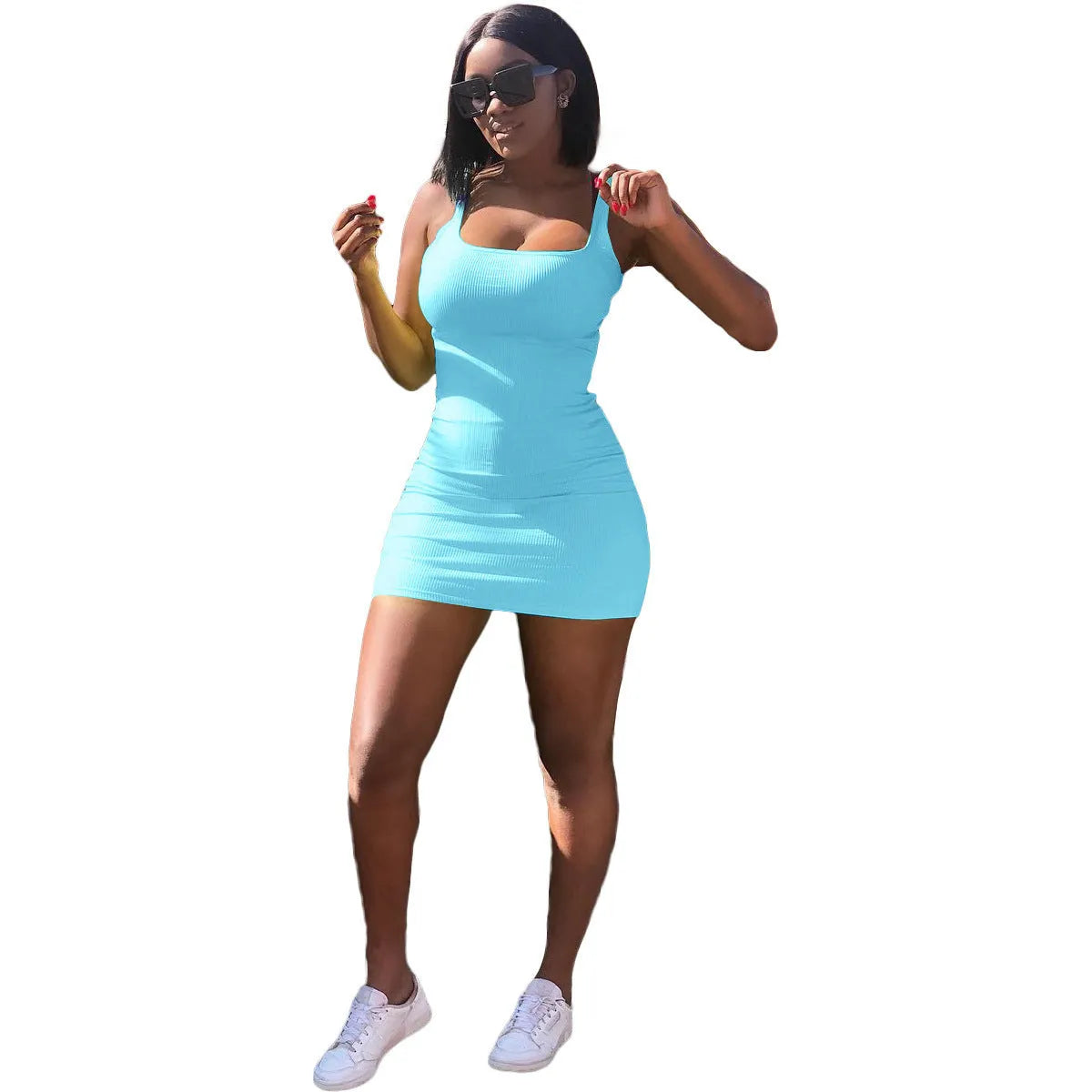 Women's casual slim fit dress with U-neck and sunken stripe strap design in a choice of colours.