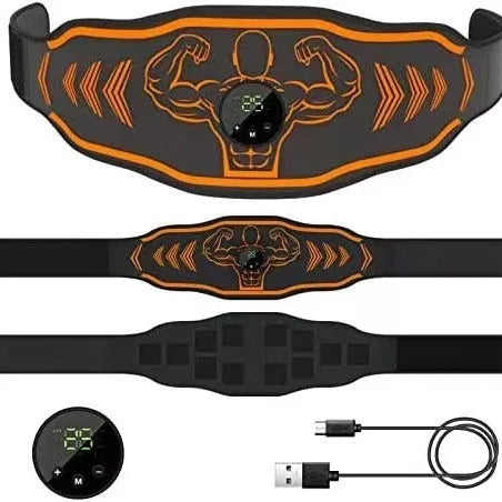 Smart Massage Belt EMS device with orange host, adjustable fitness belt, and electrode stickers on a grey background.
